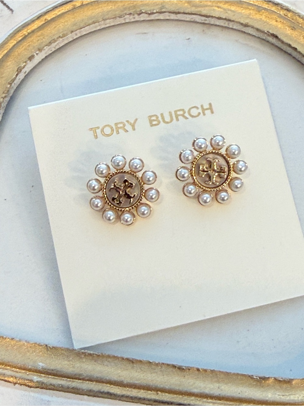 New Tory Kira Gold Logo Pearl Flower Stud Earrings